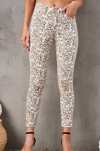 Leopard Raw Hem Straight Legs Pants