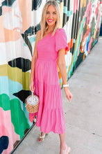 Load image into Gallery viewer, Strawberry Pink Asymmetric Puff Sleeve Smocked Bodice Tiered Midi Dress
