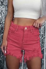 Load image into Gallery viewer, Red Distressed Raw Edge Cutoff Denim Shorts
