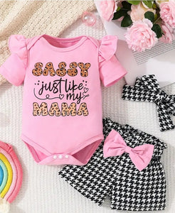 2pcs Baby Girls Cute Letter Print Short Sleeve Triangle Romper & Bow Houndstooth Shorts With Bandana Set