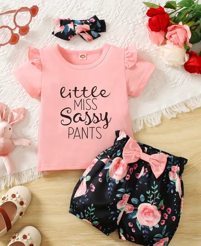 Adorable 3-Piece Outfit for Baby Girls - 'Little Miss Sassy Pants' T-shirt, Floral Shorts & Headband Set!