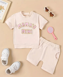 2pcs Infant & Toddler's MAMA'S MINI Embroidered Casual Set, T-shirt & Shorts, Baby Girl's Clothes