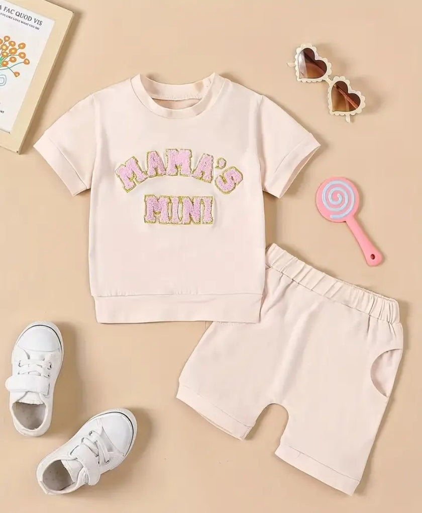 2pcs Infant & Toddler's MAMA'S MINI Embroidered Casual Set, T-shirt & Shorts, Baby Girl's Clothes