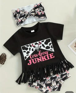 3pcs Baby Girl's Cute Cow Print Fringe T-shirt & Shorts & Headband Set Kid's Clothes