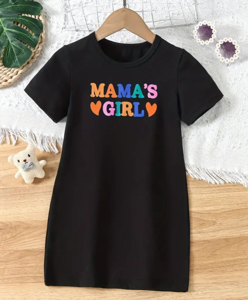 Mama's Girl Print Girls Short Sleeve Dress, Sweet Fashion T-Shirt Dress Summer Clothing