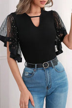 Load image into Gallery viewer, Black Starry Mesh Flutter Sleeve Slim Fit Top
