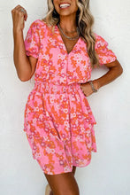 Load image into Gallery viewer, Pink Floral V Neck Short Ruffle Tiered Dress
