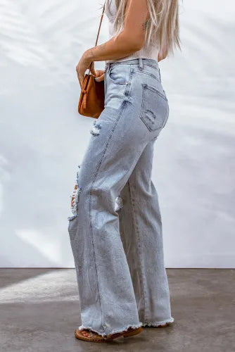 Sky Blue Vintage Distressed Ripped Wide Leg Jeans