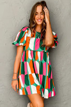 Load image into Gallery viewer, Green Abstract Print Puff Sleeve Short Dress
