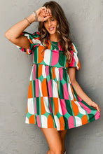 Load image into Gallery viewer, Green Abstract Print Puff Sleeve Short Dress
