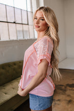 Load image into Gallery viewer, Online Light Pink Lace Patchwork Exposed Seam V Neck T Shirt
