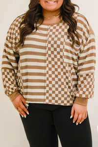 Online Khaki Striped Checkered Mixed Print Chest Pocket Casual Plus Size Top