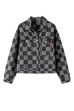 Load image into Gallery viewer, Online Black Checkered Patchwork Button up Denim Jacket
