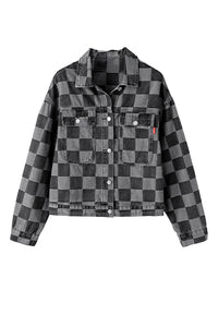 Online Black Checkered Patchwork Button up Denim Jacket