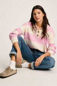 Online Pink Stripe Cable Knit Collared Henley Sweater