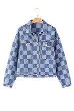 Load image into Gallery viewer, Online Black Checkered Patchwork Button up Denim Jacket
