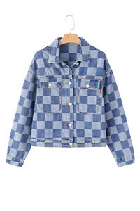 Online Black Checkered Patchwork Button up Denim Jacket