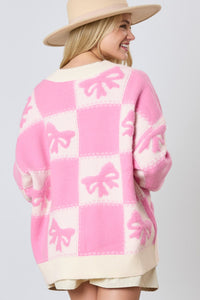 Online Pink Bowknot Checkered Pattern V Neck Drop Shoulder Button Up Cardigan