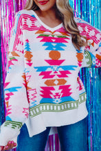 Load image into Gallery viewer, Online White Oversize Aztec Print High Low V Neck Sweater
