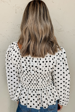 Load image into Gallery viewer, Online Black Polka Dot Puff Sleeve Bow Square Neck Peplum Top
