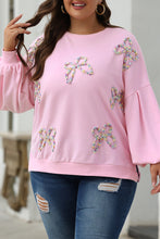 Load image into Gallery viewer, Online Light Pink Embroidered Bow Lantern Sleeve Oversized Pullover Sweatshirt
