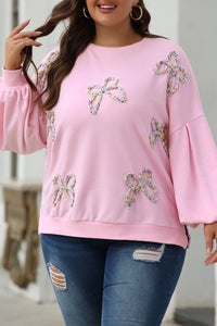 Online Light Pink Embroidered Bow Lantern Sleeve Oversized Pullover Sweatshirt