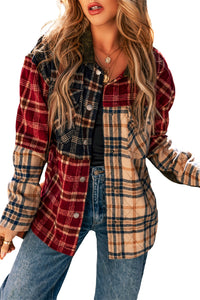 Online Red Mixed Plaid Patchwork Retro Shacket