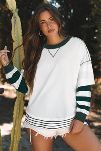 Online White Stripe Colorblock Sleeve Exposed Seam Fake-2-Piece Sweatshirt