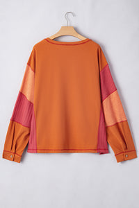 Online Orange Textured Knit Color Block Patchwork Chest Pocket Plus Size Top