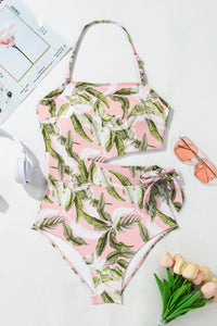 Online Pink Tropical Asymmetric Cut out Halter Backless One Piece Swimwear