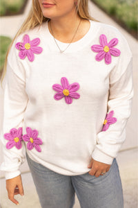 Online White Plus Size Flower Crochet Drop Shoulder Knit Sweater