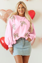 Load image into Gallery viewer, Online Light Pink Embroidered Bow Lantern Sleeve Oversized Pullover Sweatshirt
