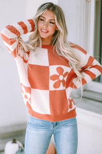 Online Orchid Petal Checkered Floral Print Striped Sleeve Sweater