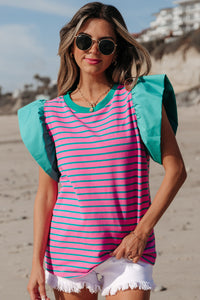 Online Pink Stripe Colorblock Ruffled Sleeve Crew Neck Blouse