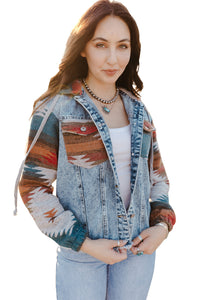 Online Multicolor Aztec Print Frayed Hem Denim Jacket