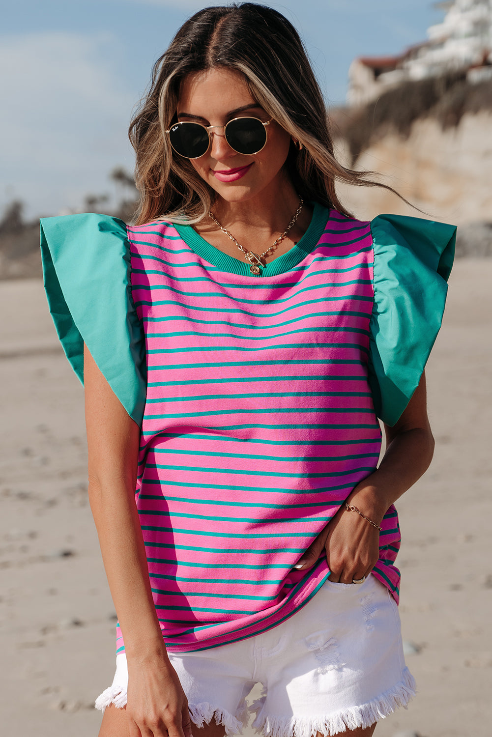 Online Pink Stripe Colorblock Ruffled Sleeve Crew Neck Blouse