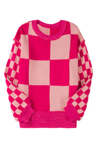 Online Rose Red Mixed Checkered Pattern Drop Shoulder Loose Sweater