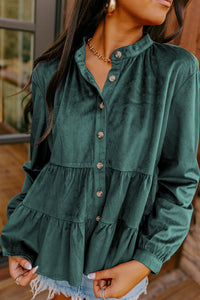 Online Burgundy Corduroy Ruffle Tiered Buttoned O Neck Shirt