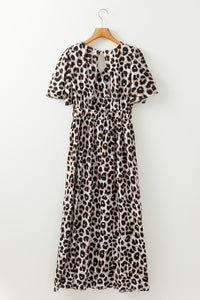 Online Khaki Leopard V Neck Cinched High Waist Open Back Maxi Dress