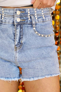 Online Beau Blue Rhinestone Light Wash Raw Hem High Waist Denim Shorts