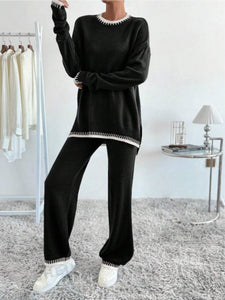 Online Side Slit Contrast Trim Round Neck Top and Pants Sweater Set