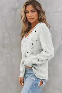 Gray Mini Starfish Embroidery Lightweight Knit Sweater