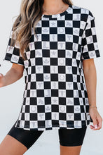 Load image into Gallery viewer, Online Black Western Fashion Checkerboard Print Side Split T Shirt
