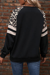 Online Black Leopard Print Colorblock Raglan Sleeve Sweatshirt