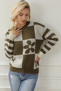 Online Orchid Petal Checkered Floral Print Striped Sleeve Sweater