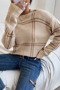 Online Pink Plaid Pattern Knitted Drop Shoulder Sweater