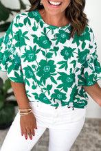 Load image into Gallery viewer, Online Green Floral Printed Ruffled Short Sleeve Round Neck Loose Blouse
