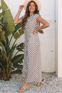 Online Khaki Checkered Print Buttoned Crew Neck Wide Leg Jumpsuit