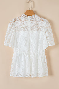 Online White Short Sleeve Scalloped Floral Lace Peplum Blouse