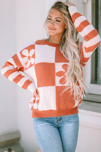 Online Orchid Petal Checkered Floral Print Striped Sleeve Sweater